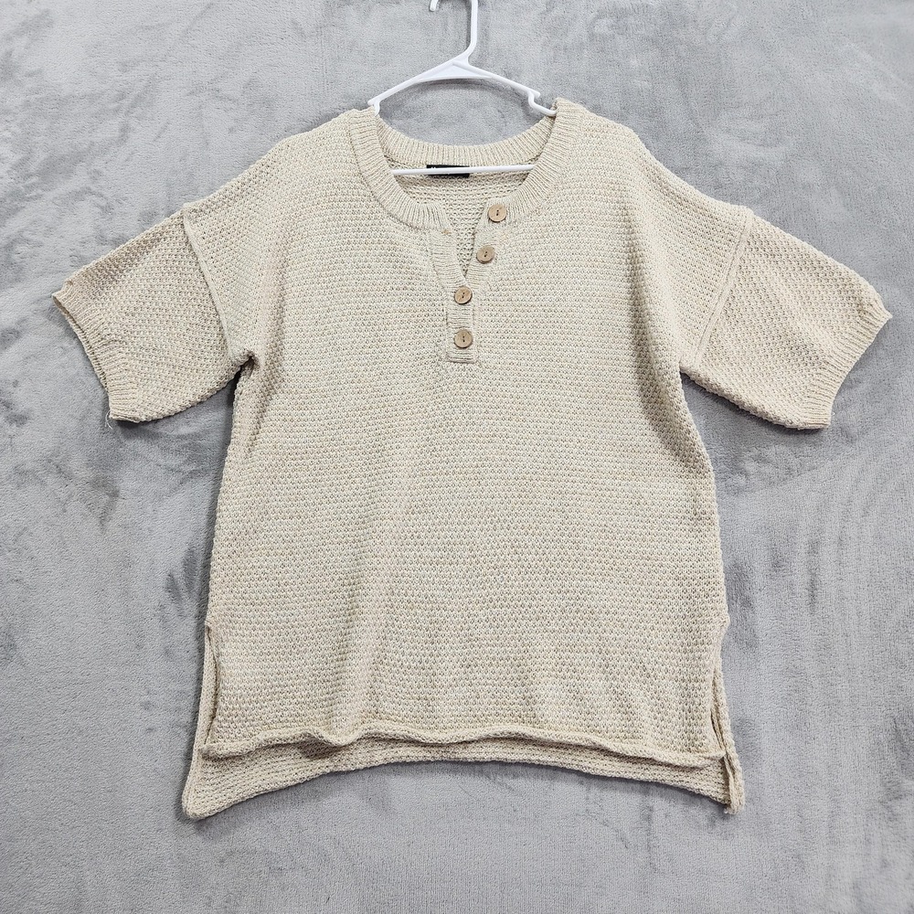 Very J Sweater Top Womens M Beige Waffle Knit Short Sleeve Henley High Low Hem